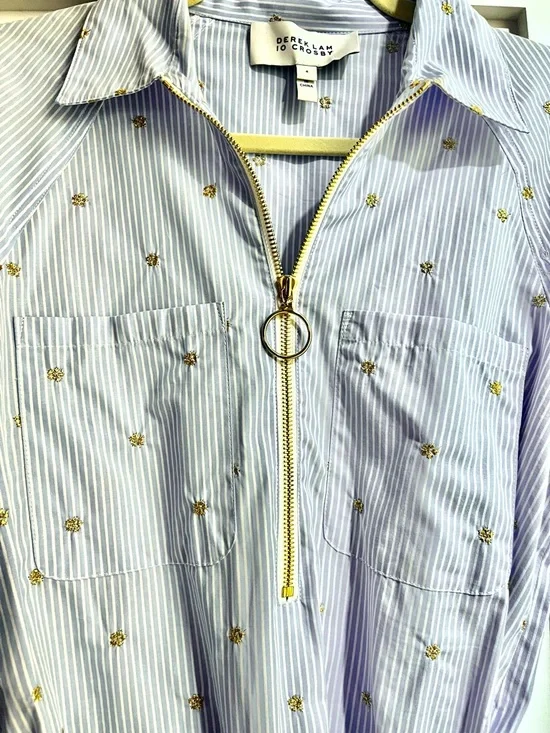 Derek Lam 10 Crosby Blue Striped Embroidered Gold Shirt Dress Size 4 - Picture 5 of 7